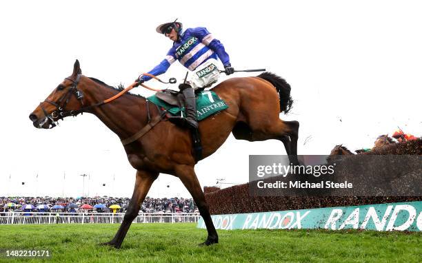 Pic D'Orhy ridden by Harry Cobden jumps the final fence to win the Marsh Chase on Ladies Day during the second day of the Grand National Festival at...