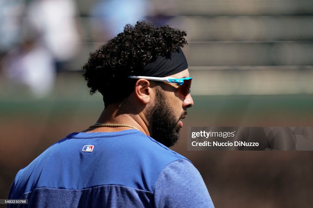 Edwin Rios Fielding Edwin Rios of the Chicago Cubs stands on the field prior to a game ...