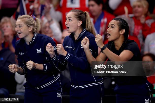 Olivia Nicholls; Alice Barnett and Heather Watson of Great Britain celebrates a point of their team mate during the Billie Jean King Cup Qualifier...