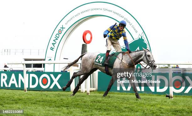 Sam Twiston-Davies celebrates riding Bill Baxter to victory in the Randox Supports Race Against Dementia Topham Handicap Chase on Ladies Day during...