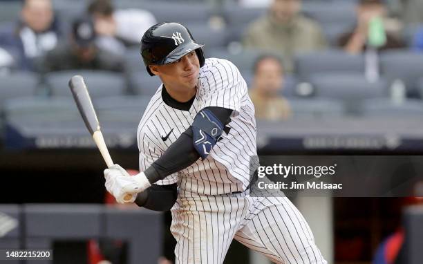 Anthony Volpe of the New York Yankees in action against the Philadelphia Phillies at Yankee Stadium on April 05, 2023 in Bronx, New York. The Yankees...