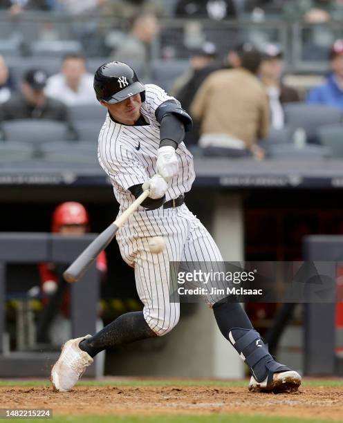 Anthony Volpe of the New York Yankees in action against the Philadelphia Phillies at Yankee Stadium on April 05, 2023 in Bronx, New York. The Yankees...
