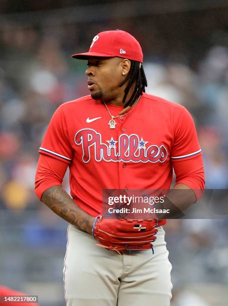 Gregory Soto of the Philadelphia Phillies in action against the New York Yankees at Yankee Stadium on April 05, 2023 in Bronx, New York. The Yankees...