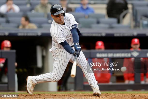 Jose Trevino of the New York Yankees in action against the Philadelphia Phillies at Yankee Stadium on April 05, 2023 in Bronx, New York. The Yankees...