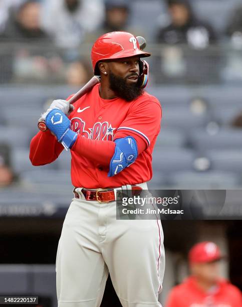 Josh Harrison of the Philadelphia Phillies in action against the New York Yankees at Yankee Stadium on April 05, 2023 in Bronx, New York. The Yankees...