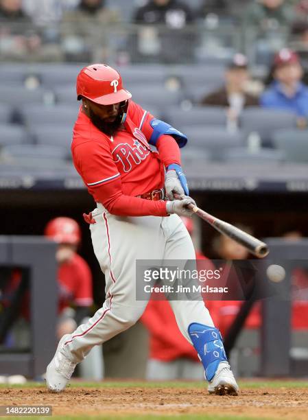 Josh Harrison of the Philadelphia Phillies in action against the New York Yankees at Yankee Stadium on April 05, 2023 in Bronx, New York. The Yankees...