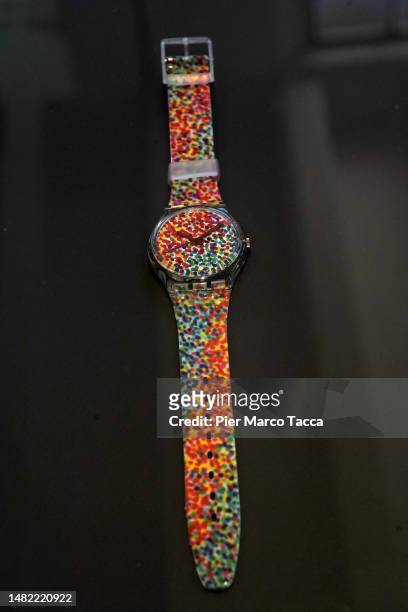 Watchby Alessandro Mendini 'Lots of Dots 1991 Swatch' is displayed at Italian Design Museum at Palazzo dell'Arte of the Triennale on April 14, 2023...