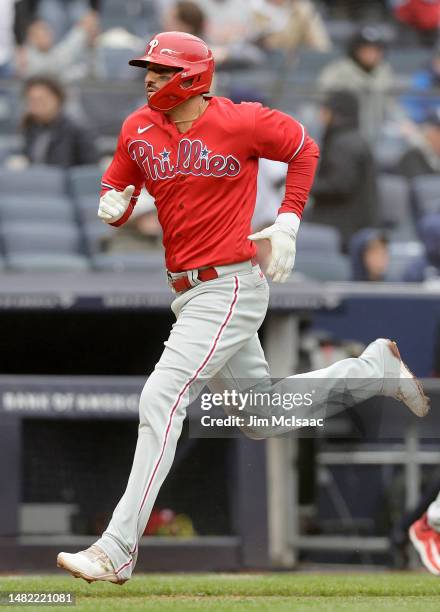 Nick Castellanos of the Philadelphia Phillies in action against the New York Yankees at Yankee Stadium on April 05, 2023 in Bronx, New York. The...