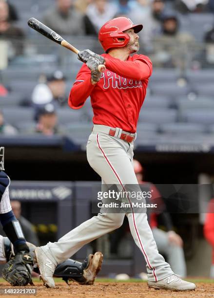 Jake Cave of the Philadelphia Phillies in action against the New York Yankees at Yankee Stadium on April 05, 2023 in Bronx, New York. The Yankees...