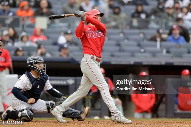Jake Cave of the Philadelphia Phillies in action against the New York Yankees at Yankee Stadium on April 05, 2023 in Bronx, New York. The Yankees...