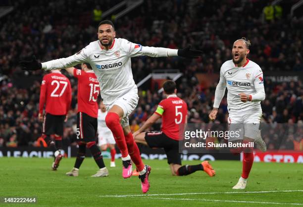 Yousseff En-Nesyri of Sevilla FC celebrates after Harry Maguire of Manchester United scores an own goal, Sevilla FC's second goal during the UEFA...