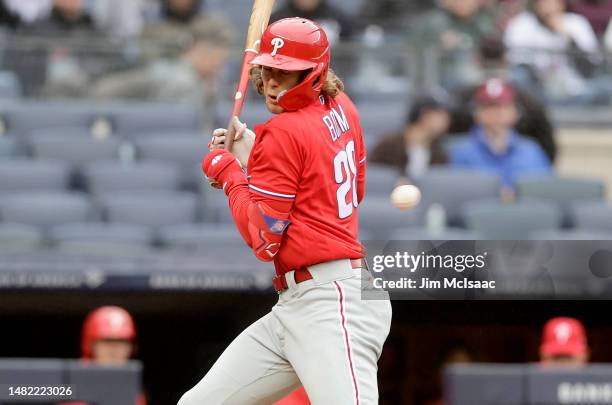 Alec Bohm of the Philadelphia Phillies in action against the New York Yankees at Yankee Stadium on April 05, 2023 in Bronx, New York. The Yankees...