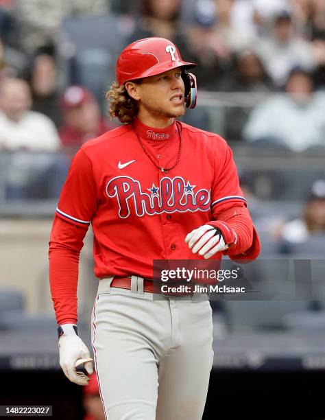 Alec Bohm of the Philadelphia Phillies in action against the New York Yankees at Yankee Stadium on April 05, 2023 in Bronx, New York. The Yankees...