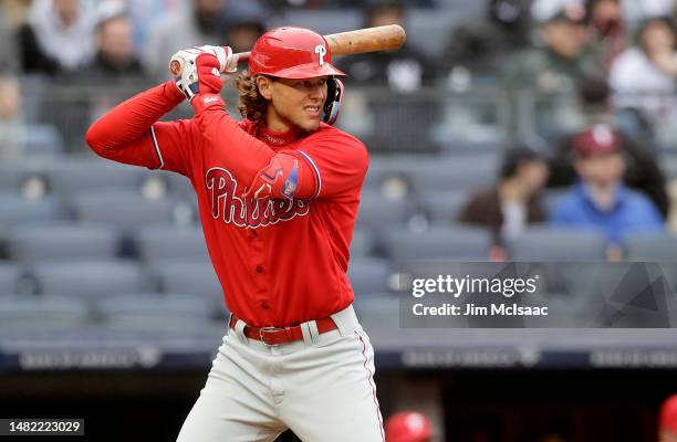 Alec Bohm of the Philadelphia Phillies in action against the New York Yankees at Yankee Stadium on April 05, 2023 in Bronx, New York. The Yankees...