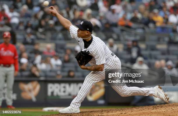 Jonathan Loaisiga of the New York Yankees in action against the Philadelphia Phillies at Yankee Stadium on April 05, 2023 in Bronx, New York. The...