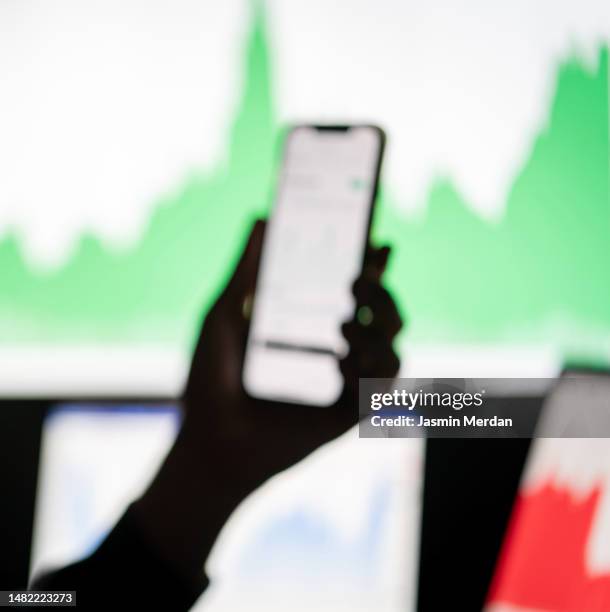 hand on stock market analysis digital display screen, analyzing investment and financial trading data in candlestick chart on crypto interface - virtual auction stock pictures, royalty-free photos & images