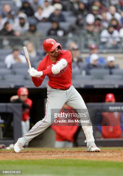 Nick Castellanos of the Philadelphia Phillies in action against the New York Yankees at Yankee Stadium on April 05, 2023 in Bronx, New York. The...