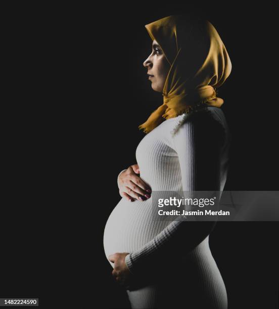 muslim pregnant woman portrait - pregnant muslim stockfoto's en -beelden