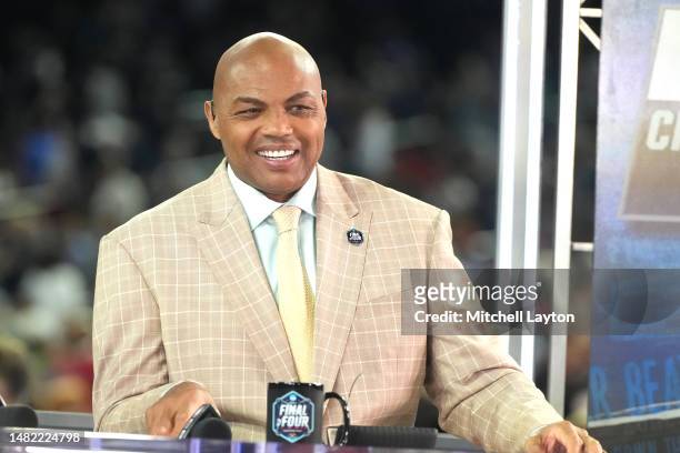 College basketball analyst Charles Barkley on air before the NCAA Men's Basketball Tournament Final Four championship game between the Connecticut...