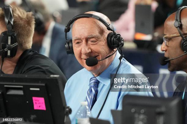 College basketball announcer Dick Vitale on air during the NCAA Men's Basketball Tournament Final Four championship game between the Connecticut...
