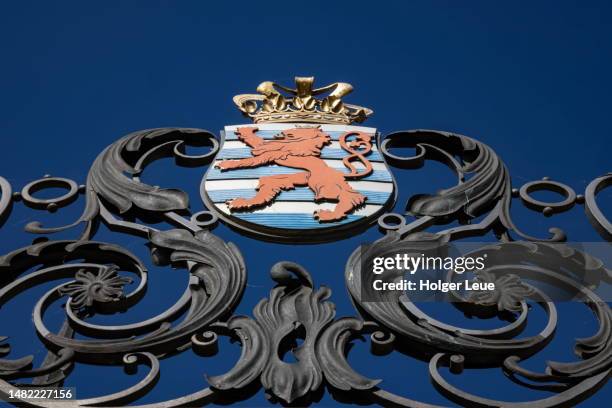 luxembourg coat of arms with the red lion on a wrought iron gate at the grand ducal palace. - grand ducal palace stock pictures, royalty-free photos & images