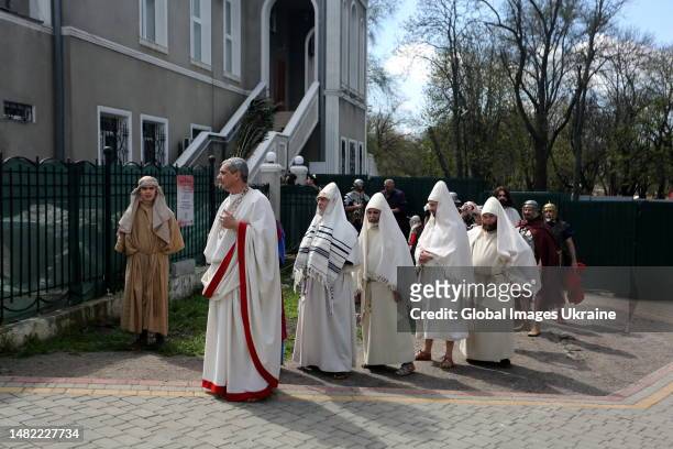 Actors play the role of Pontius Pilate and the Sanhedrin on April 14, 2023 in Odesa, Ukraine. After a disruption due to the Covid-19 pandemic and...