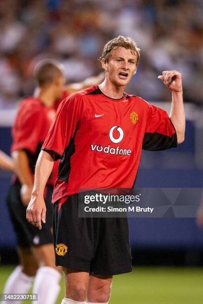 Ole Gunner Solskjaer of Manchester United in action during Champions World Soccer Series between Manchester United and Juventus at the Giants Stadium...