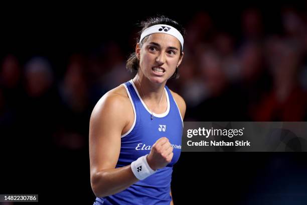 Caroline Garcia of France celebrates during the Billie Jean King Cup Qualifier match between Great Britain and France at The Coventry Building...