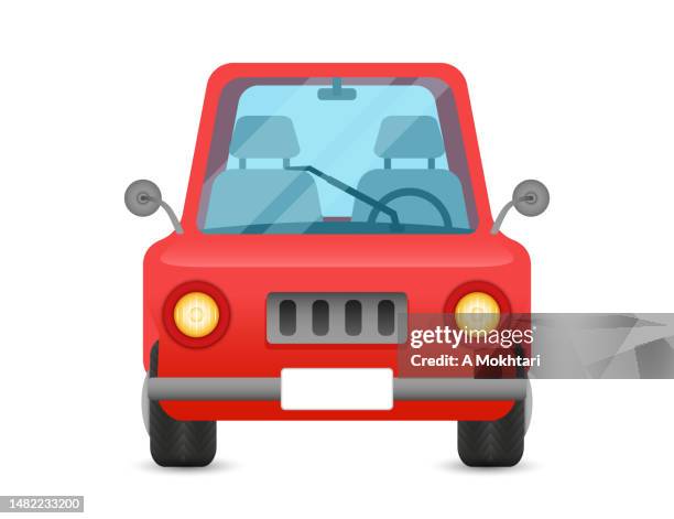 ilustraciones, imágenes clip art, dibujos animados e iconos de stock de vista delantera coche rojo sobre fondo blanco. - coche pequeño