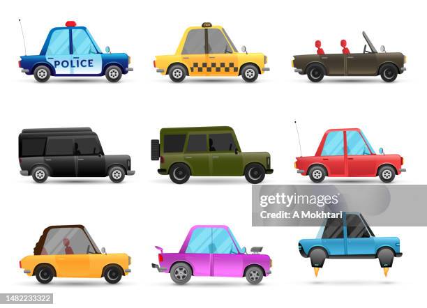 illustrazioni stock, clip art, cartoni animati e icone di tendenza di set di auto in stile cartone animato. - toy car