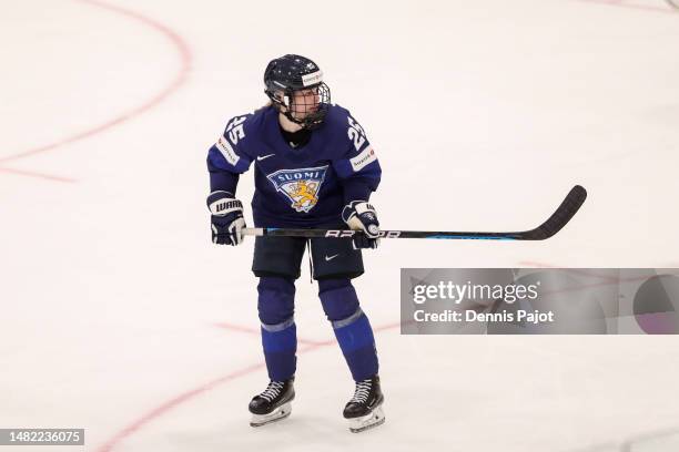 Forward Kiira Yjranen of Finland skates against Hungary during the 2023 IIHF Women's World Championship at CAA Centre on April 10, 2023 in Brampton,...