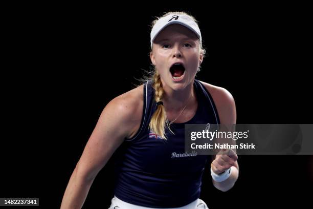 Harriet Dart of Great Britain celebrates during the Billie Jean King Cup Qualifier match between Great Britain and France at The Coventry Building...