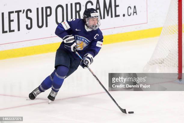 Defender Jenni Hiirikoski of Finland moves the puck against Hungary during the 2023 IIHF Women's World Championship at CAA Centre on April 10, 2023...