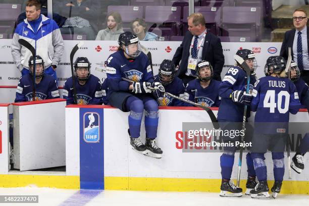 Team Finland during a game against Hungary at the 2023 IIHF Women's World Championship at CAA Centre on April 10, 2023 in Brampton, Ontario.