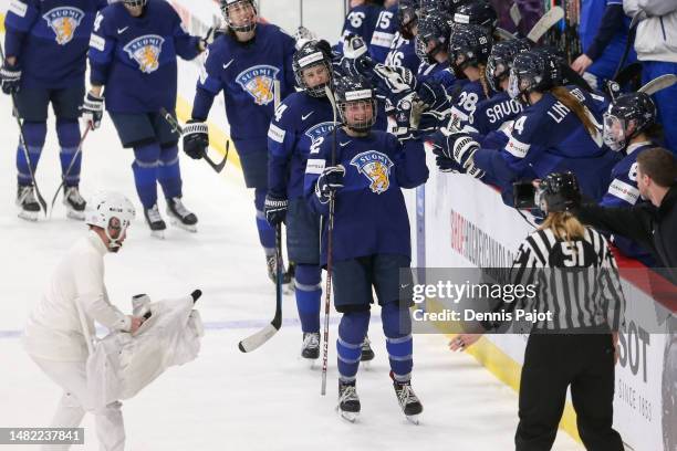 Forward Emilia Vesa of Finland celebrates her second period goal against Hungary during the 2023 IIHF Women's World Championship at CAA Centre on...