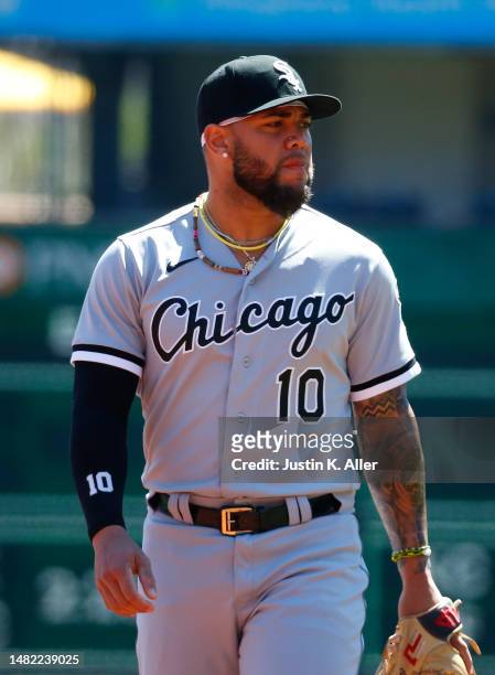 Yoan Moncada of the Chicago White Sox in action during inter-league play against the Pittsburgh Pirates at PNC Park on April 9, 2023 in Pittsburgh,...