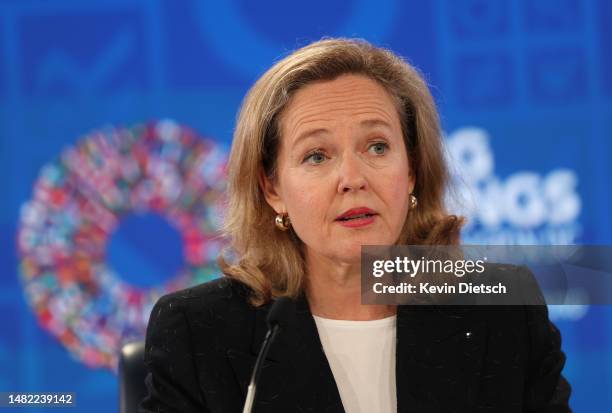 Nadia Calviño, Chair of the International Monetary and Financial Committee , participates in a press conference during the annual Spring Meetings of...