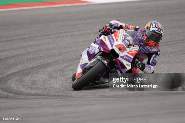 Johann Zarco of France and Pramac Racing rounds the bend during the MotoGP Of The Americas - Free Practice on April 14, 2023 in Austin, Texas.