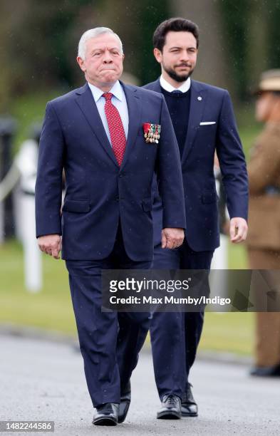 King Abdullah II of Jordan and Crown Prince Hussein Bin Abdullah of Jordan attend the 200th Sovereign's parade at the Royal Military Academy...