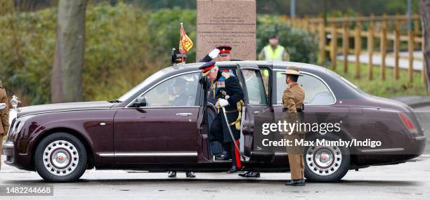 King Charles III arrives in his Bentley State Limousine to inspect the 200th Sovereign's parade at the Royal Military Academy Sandhurst on April 14,...