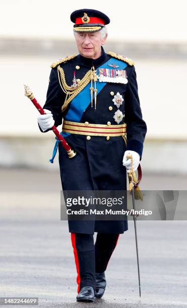 King Charles III inspects the 200th Sovereign's parade at the Royal Military Academy Sandhurst on April 14, 2023 in Camberley, England. The...