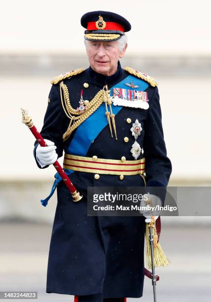 King Charles III inspects the 200th Sovereign's parade at the Royal Military Academy Sandhurst on April 14, 2023 in Camberley, England. The...
