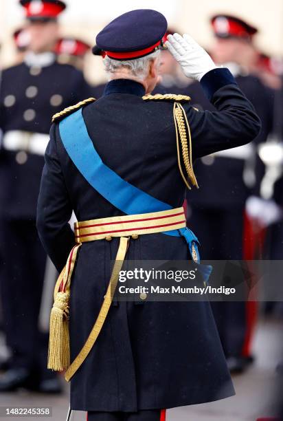 King Charles III inspects the 200th Sovereign's parade at the Royal Military Academy Sandhurst on April 14, 2023 in Camberley, England. The...