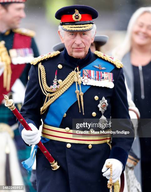 King Charles III inspects the 200th Sovereign's parade at the Royal Military Academy Sandhurst on April 14, 2023 in Camberley, England. The...