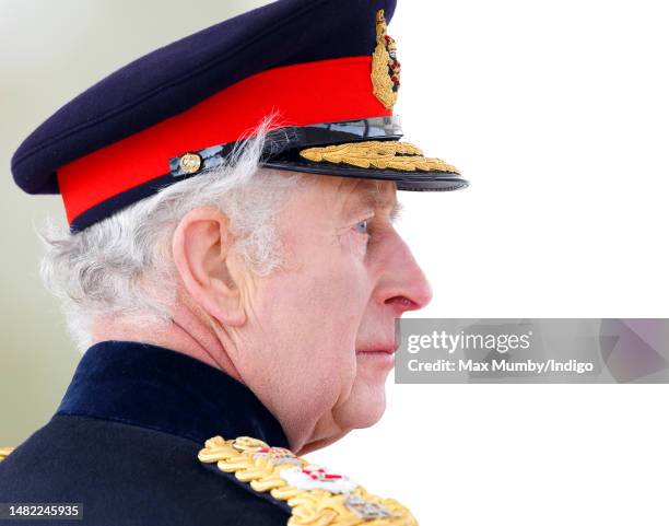 King Charles III inspects the 200th Sovereign's parade at the Royal Military Academy Sandhurst on April 14, 2023 in Camberley, England. The...