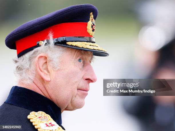 King Charles III inspects the 200th Sovereign's parade at the Royal Military Academy Sandhurst on April 14, 2023 in Camberley, England. The...