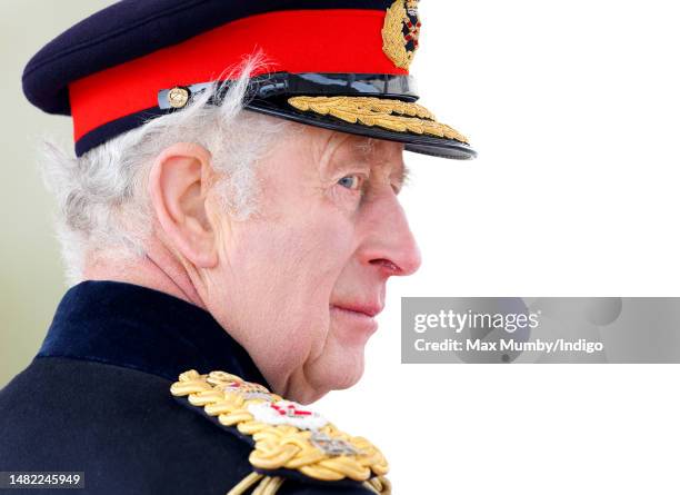 King Charles III inspects the 200th Sovereign's parade at the Royal Military Academy Sandhurst on April 14, 2023 in Camberley, England. The...