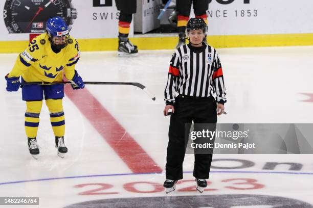 Referee Tijana Haack prepares for a game between Germany and Sweden during the 2023 IIHF Women's World Championship at CAA Centre on April 06, 2023...