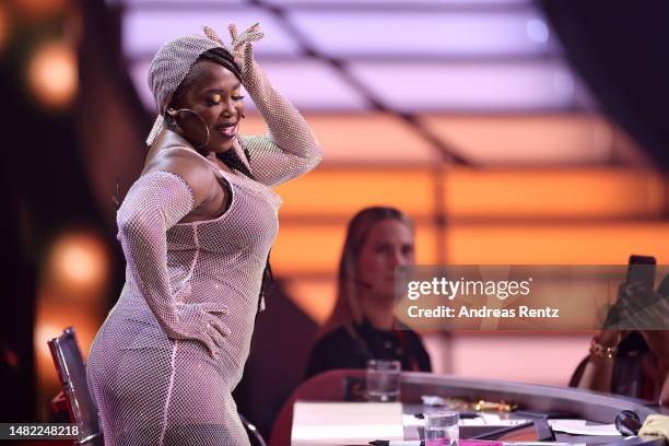 Judge Motsi Mabuse is seen on stage during the 7th Show of "Let's Dance" at MMC Studios on April 14, 2023 in Cologne, Germany.