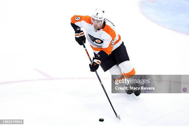 Ivan Provorov of the Philadelphia Flyers controls the puck during a game against the Chicago Blackhawks at the United Center on April 13, 2023 in...